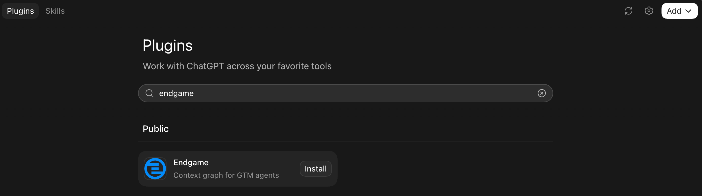 ChatGPT desktop app Plugins page with Endgame in the Public results and an Install button