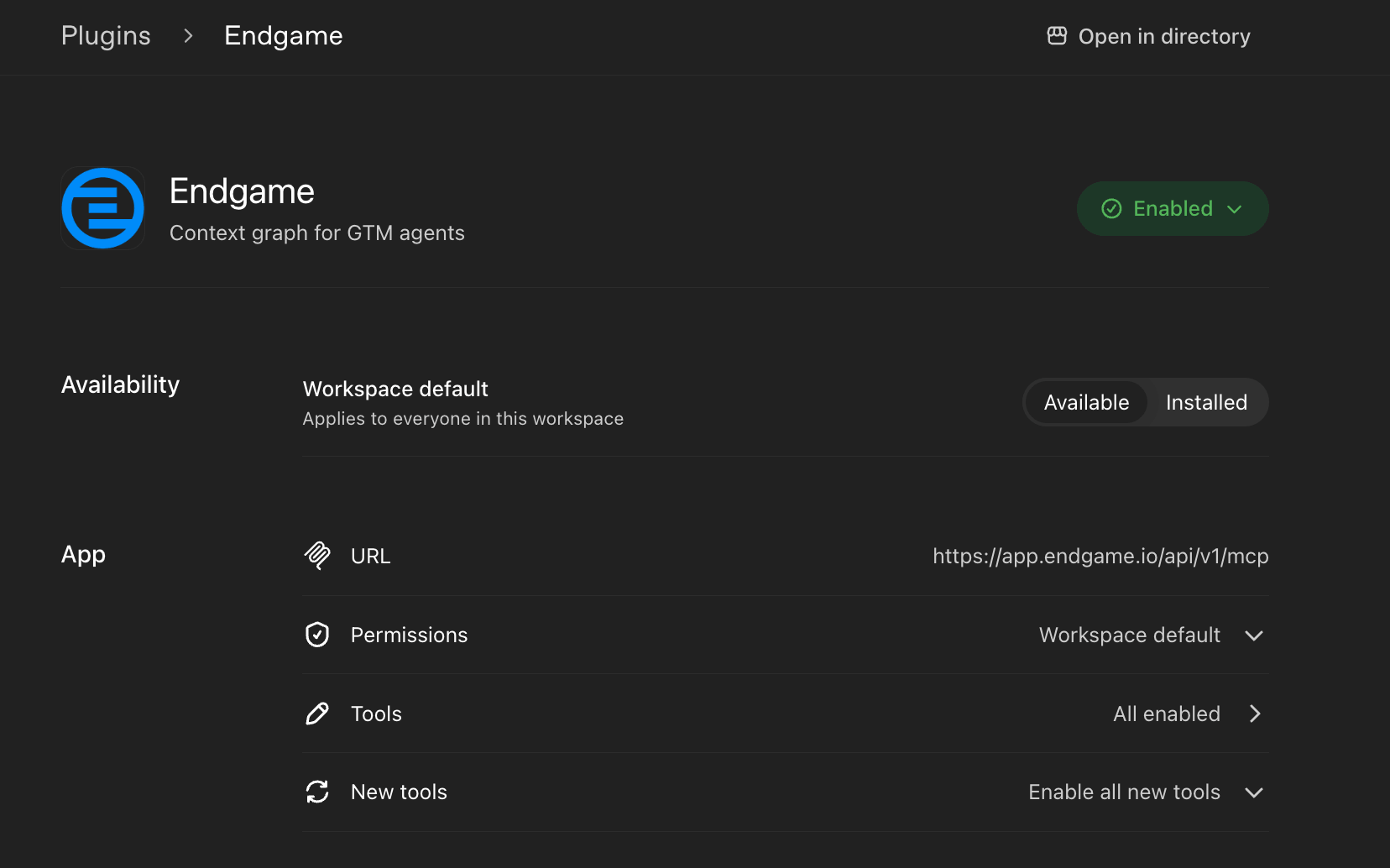 Endgame plugin controls showing the Enabled dropdown, the Available and Installed workspace default, and app settings for URL, permissions, tools, and new tools