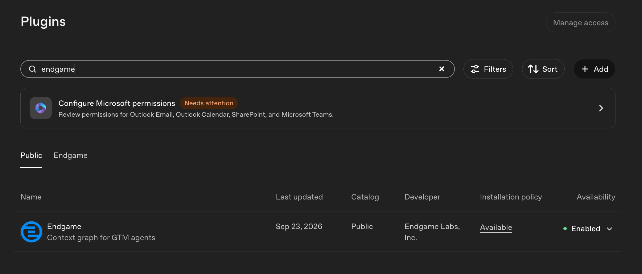 ChatGPT Plugins page showing the Endgame plugin with its installation policy and availability