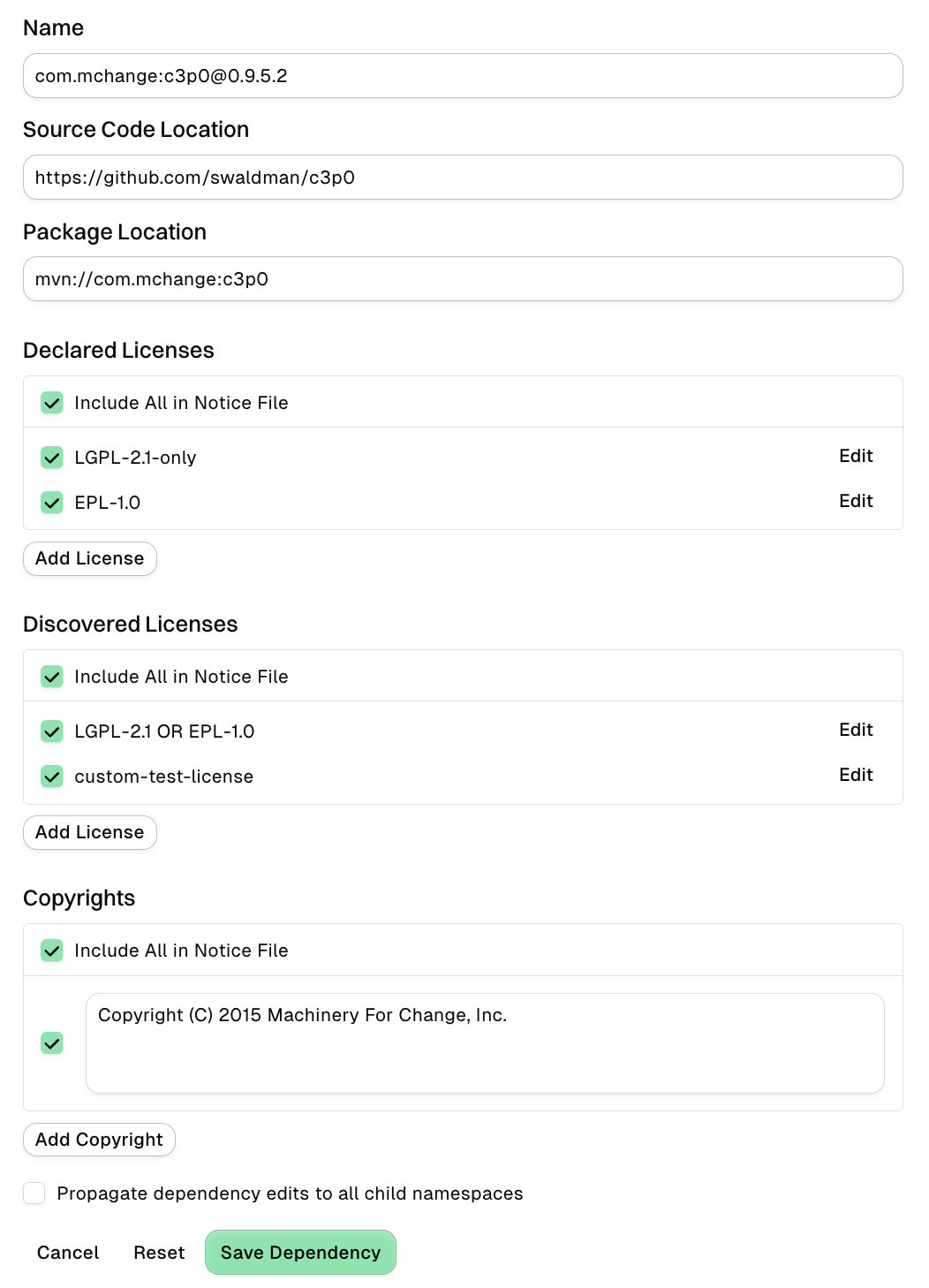 Edit dependency licenses