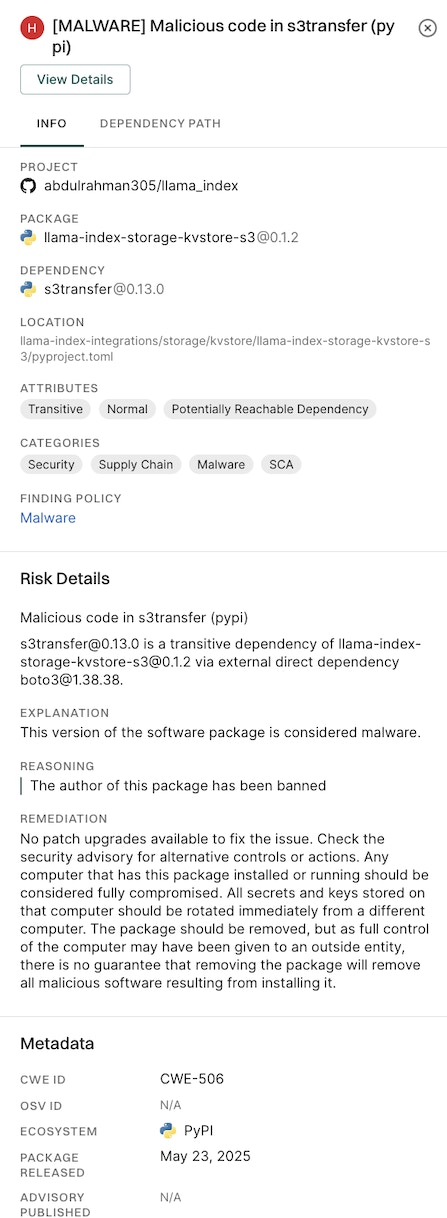Malware Findings Side Panel