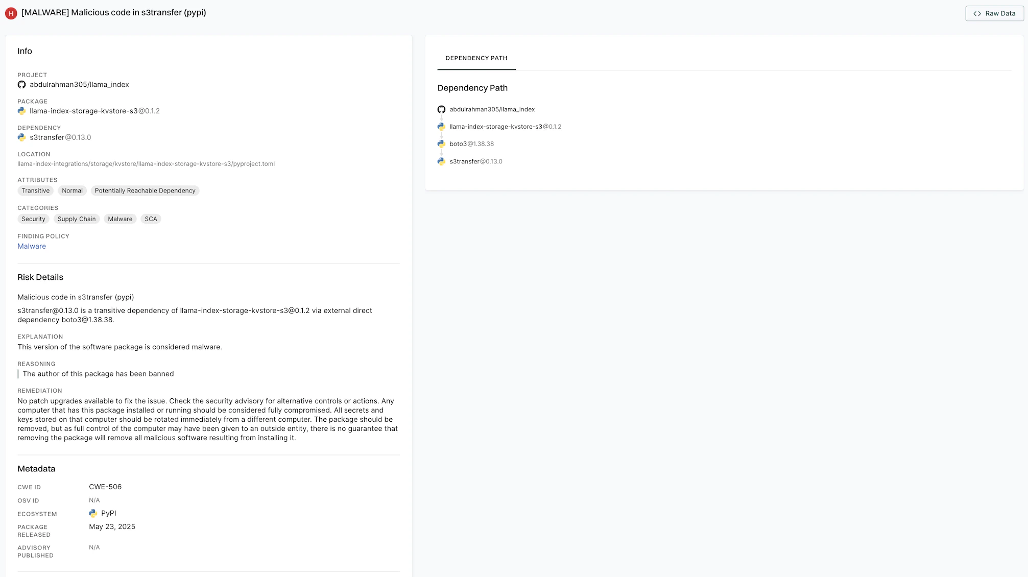 Malware Findings view details