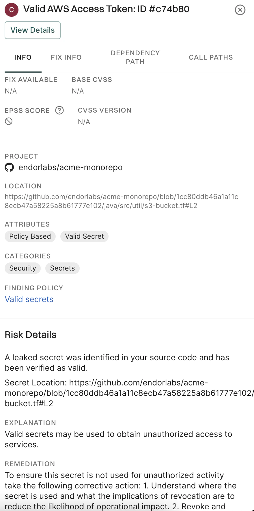Secrets findings right sidebar