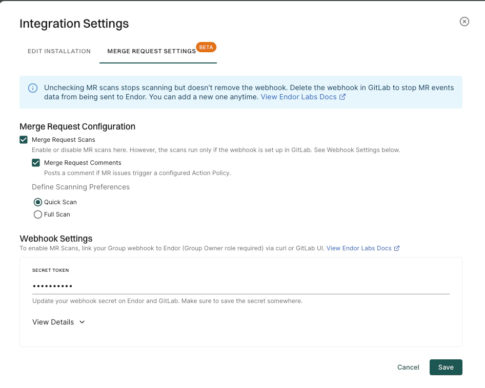 GitLab App MR scan update webhook secret