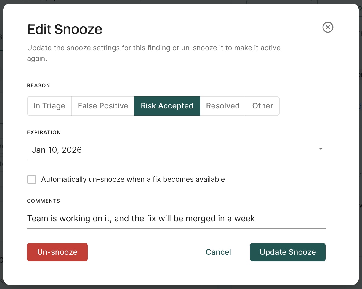 Edit or un-snooze finding