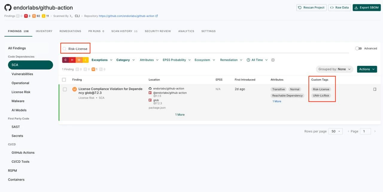 Search findings tags on UI