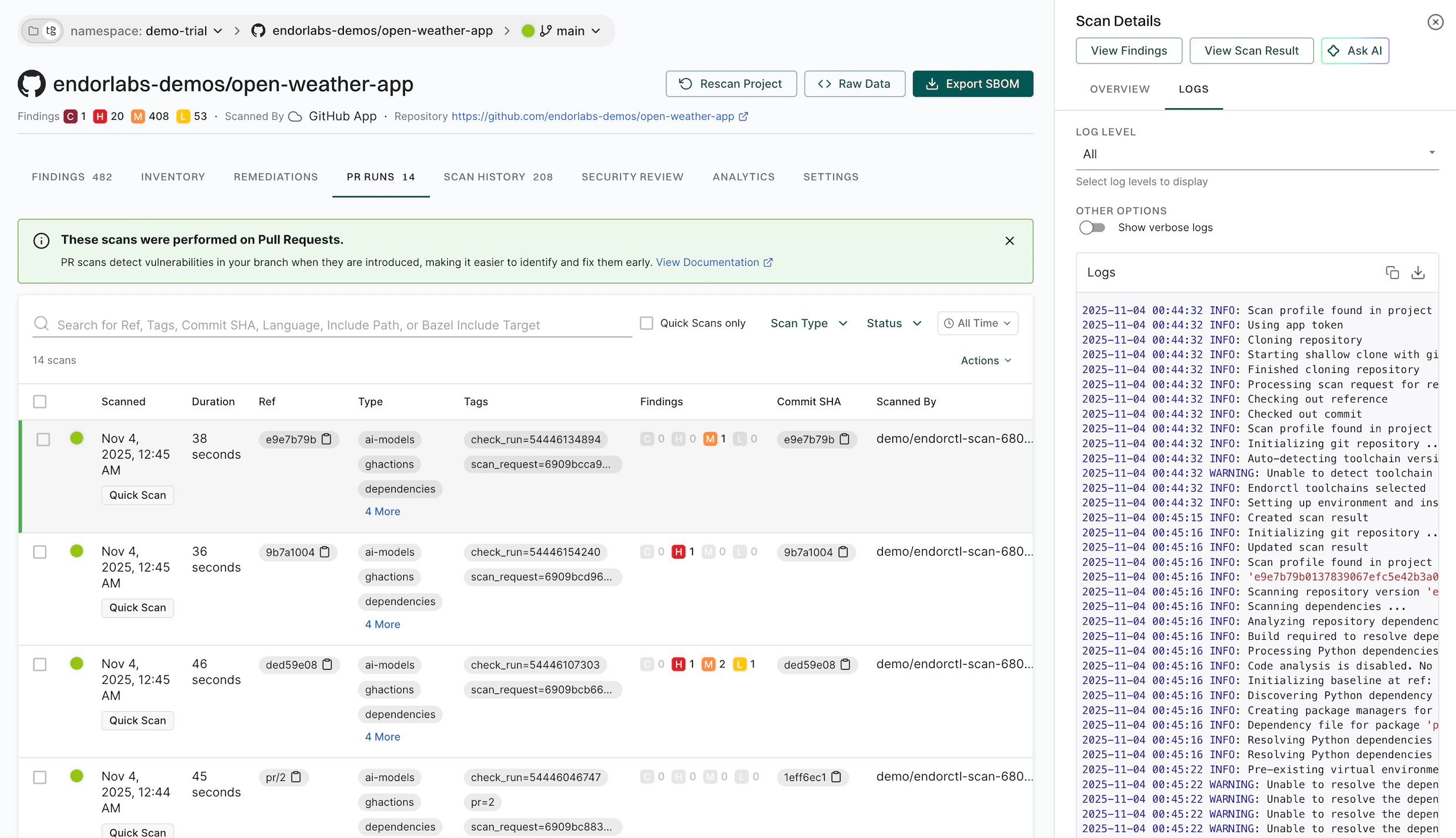 pull request scans history logs