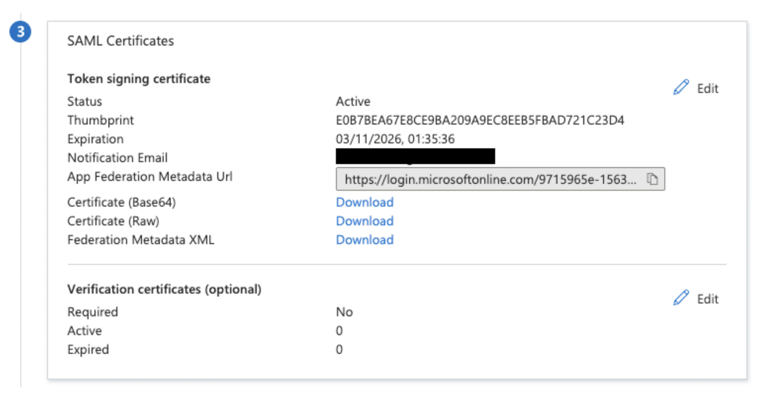 App Federation Metadata URL in SAML Certificates