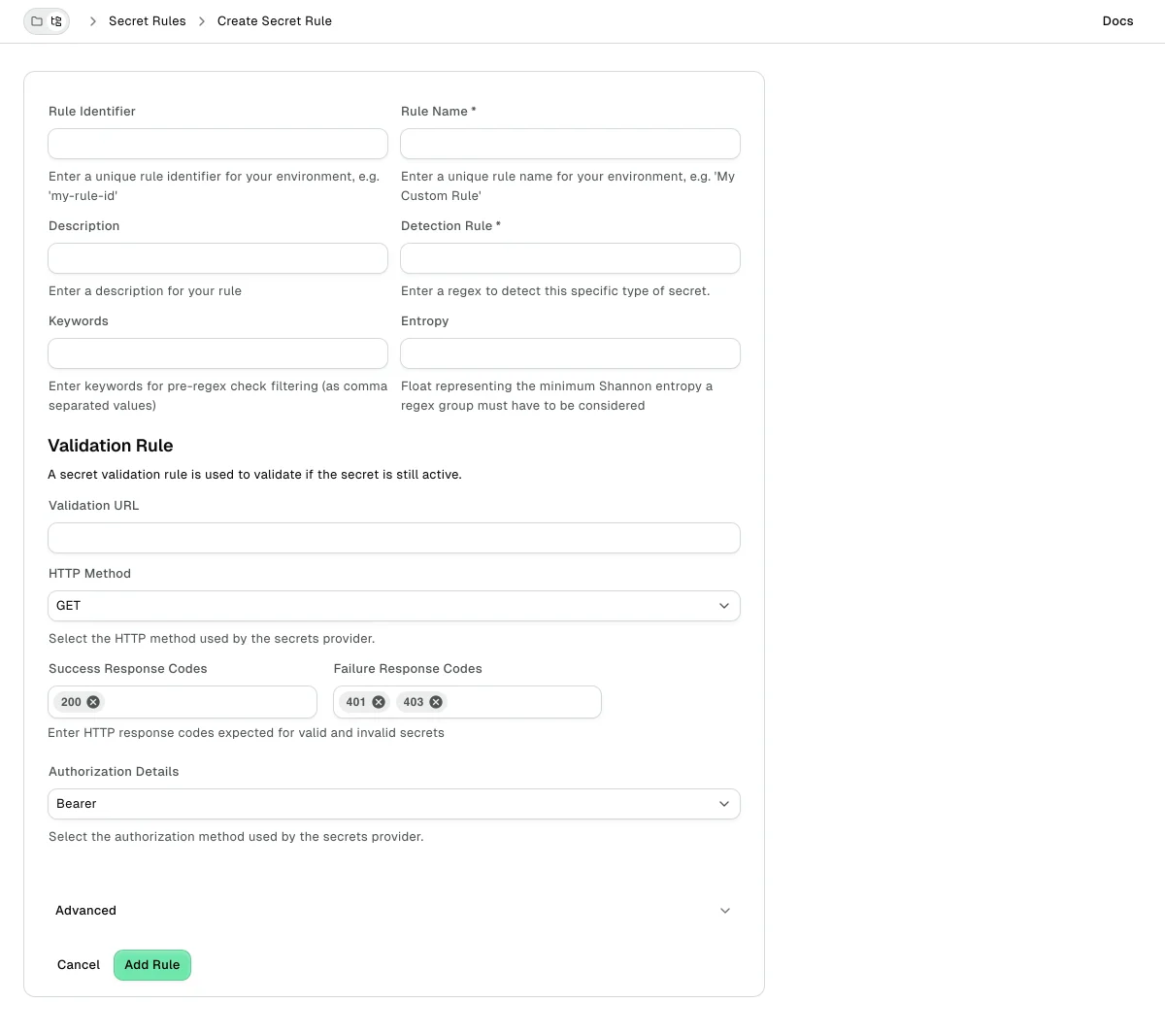 Create secret rule form with optional Rule Identifier and required Rule Name fields