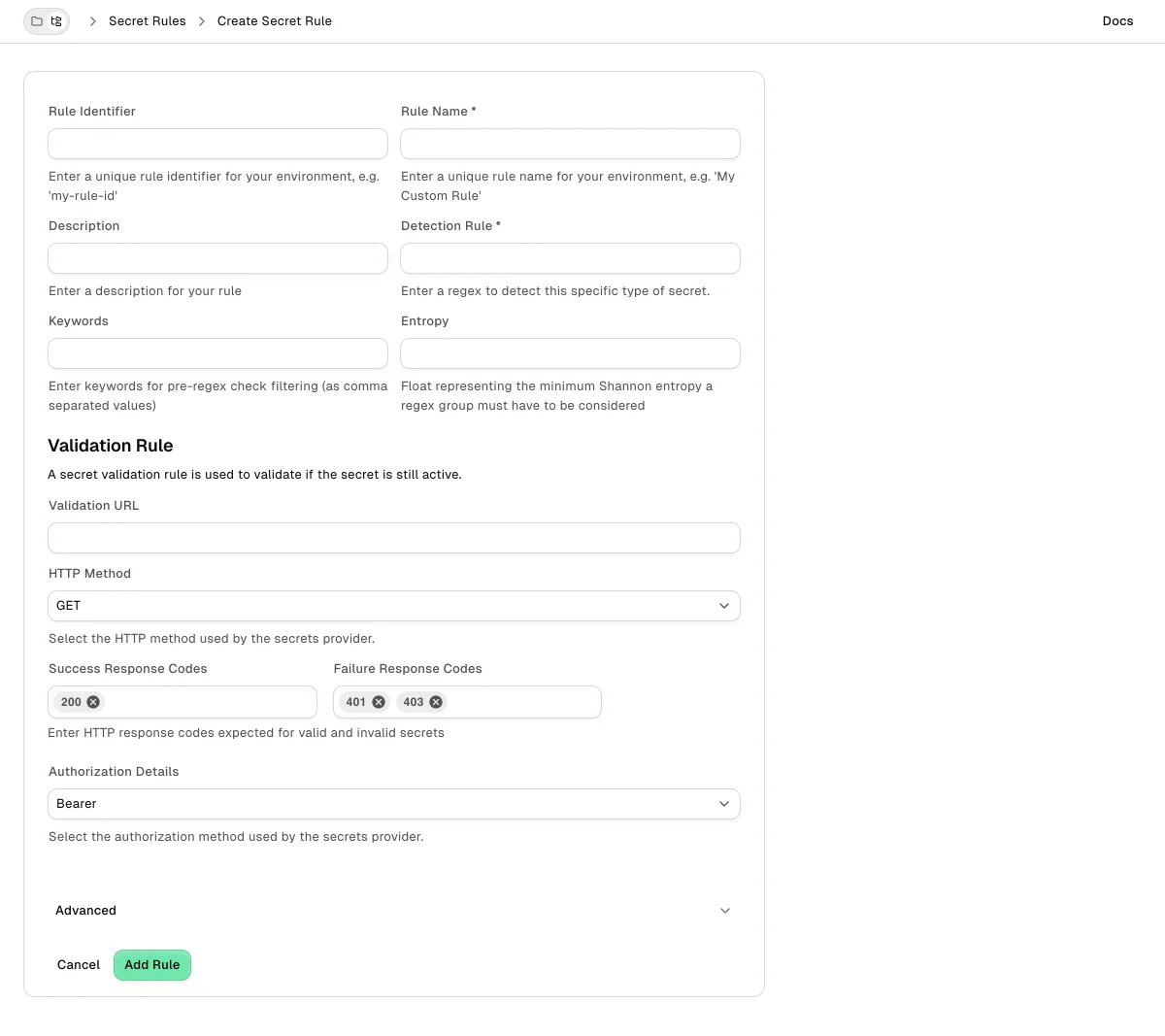 Create secret rule form with optional Rule Identifier and required Rule Name fields