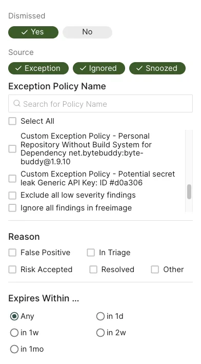 Dismissed finding filters