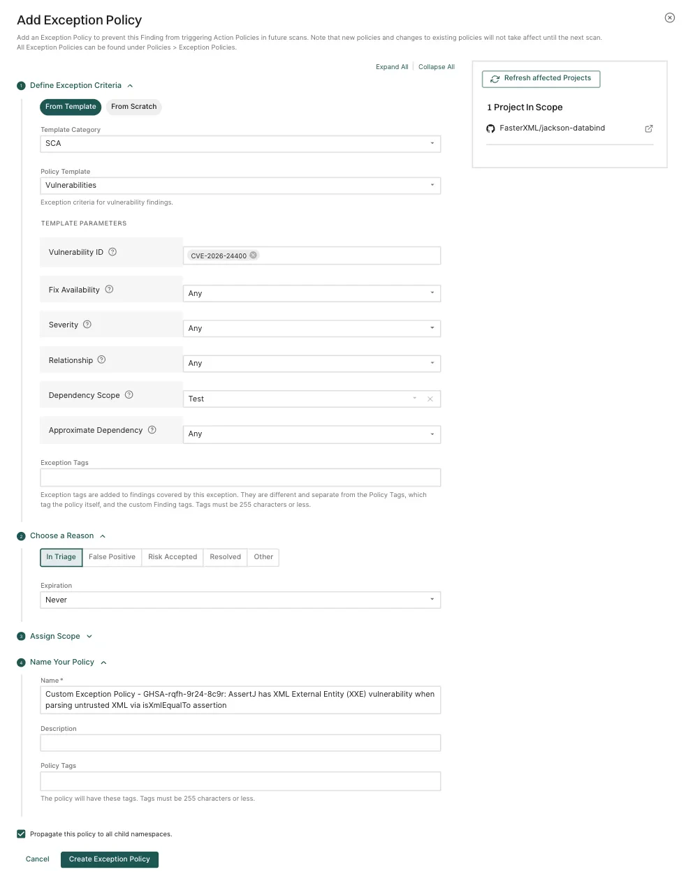 Exception from finding