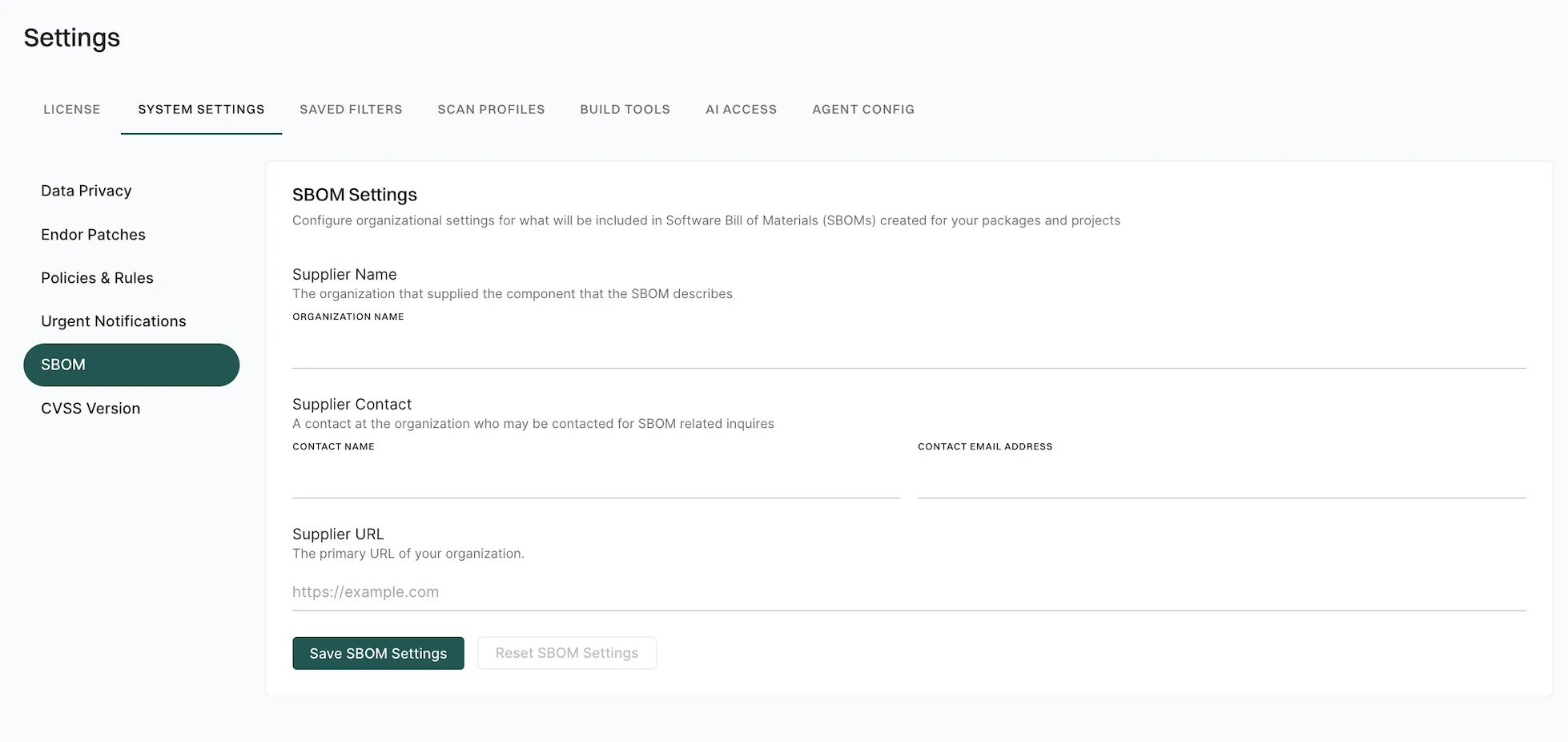 SBOM settings
