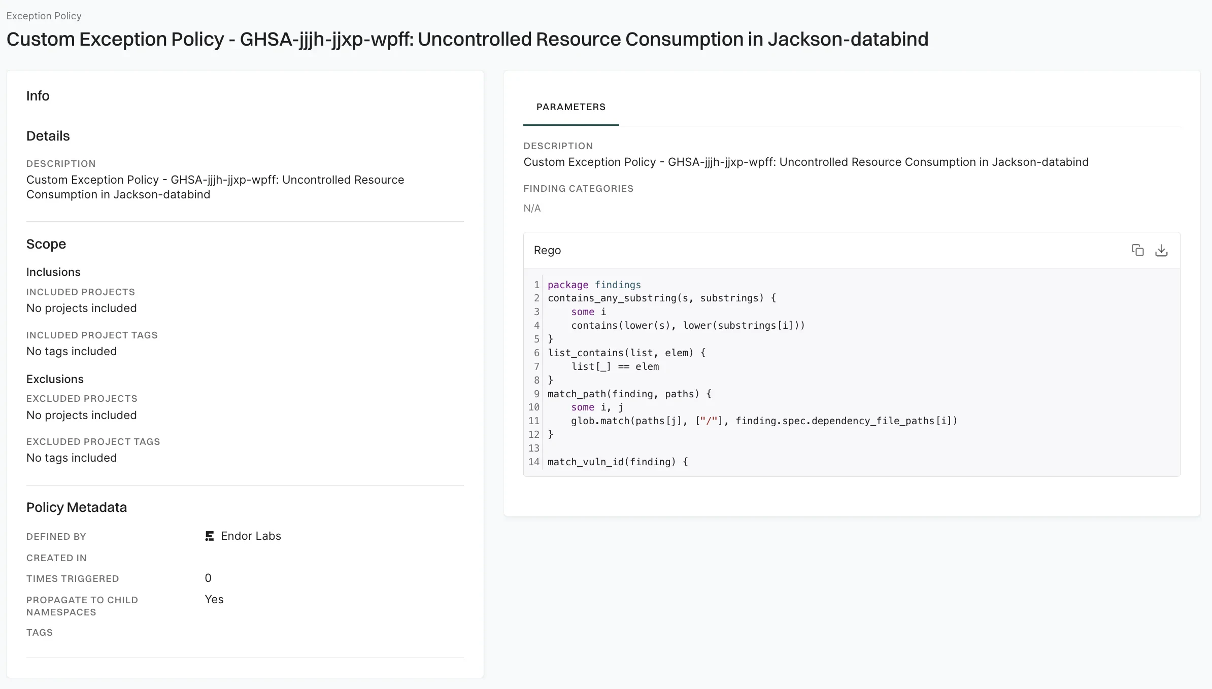 View exception policy details