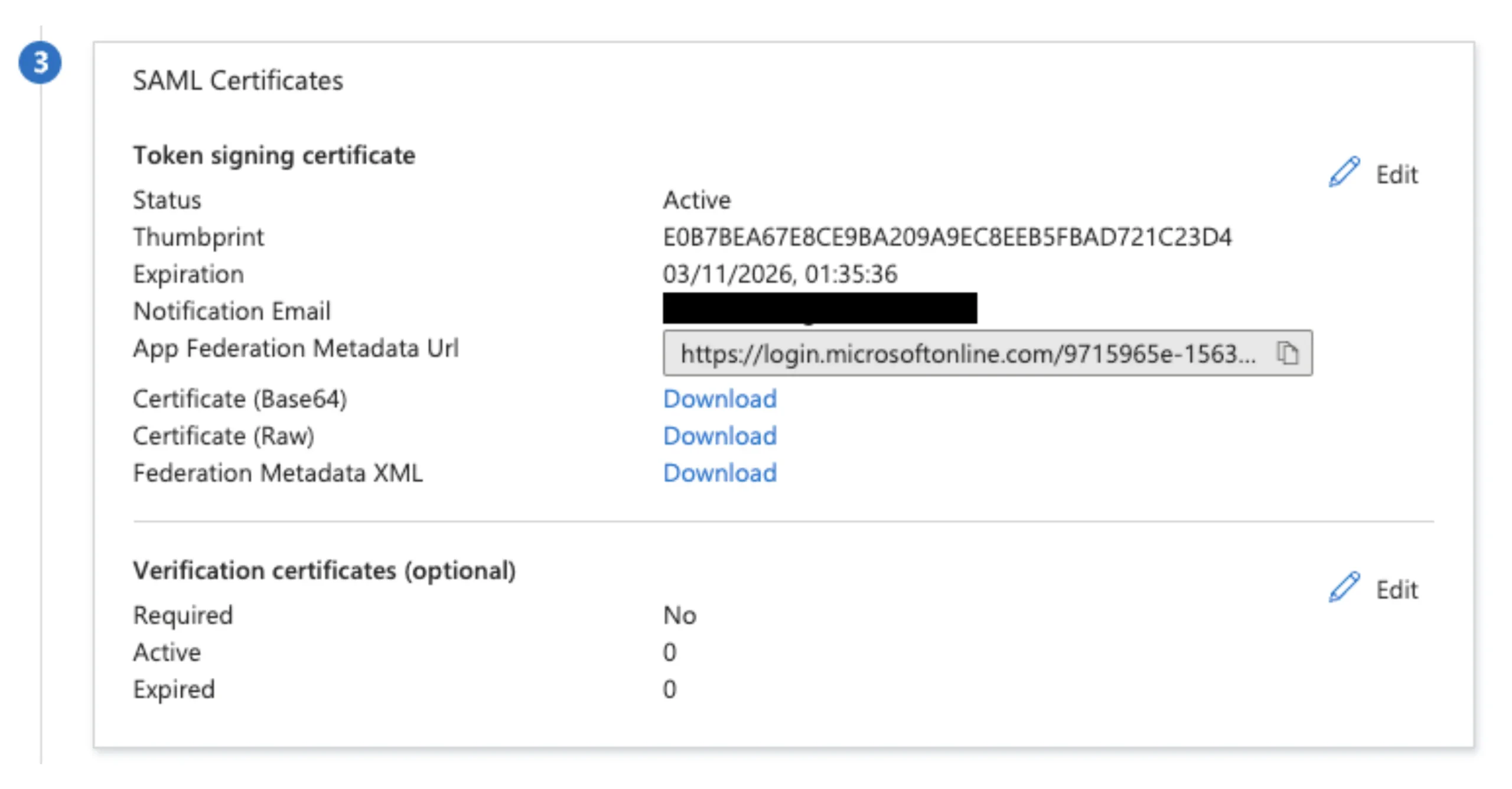 App Federation Metadata URL in SAML Certificates