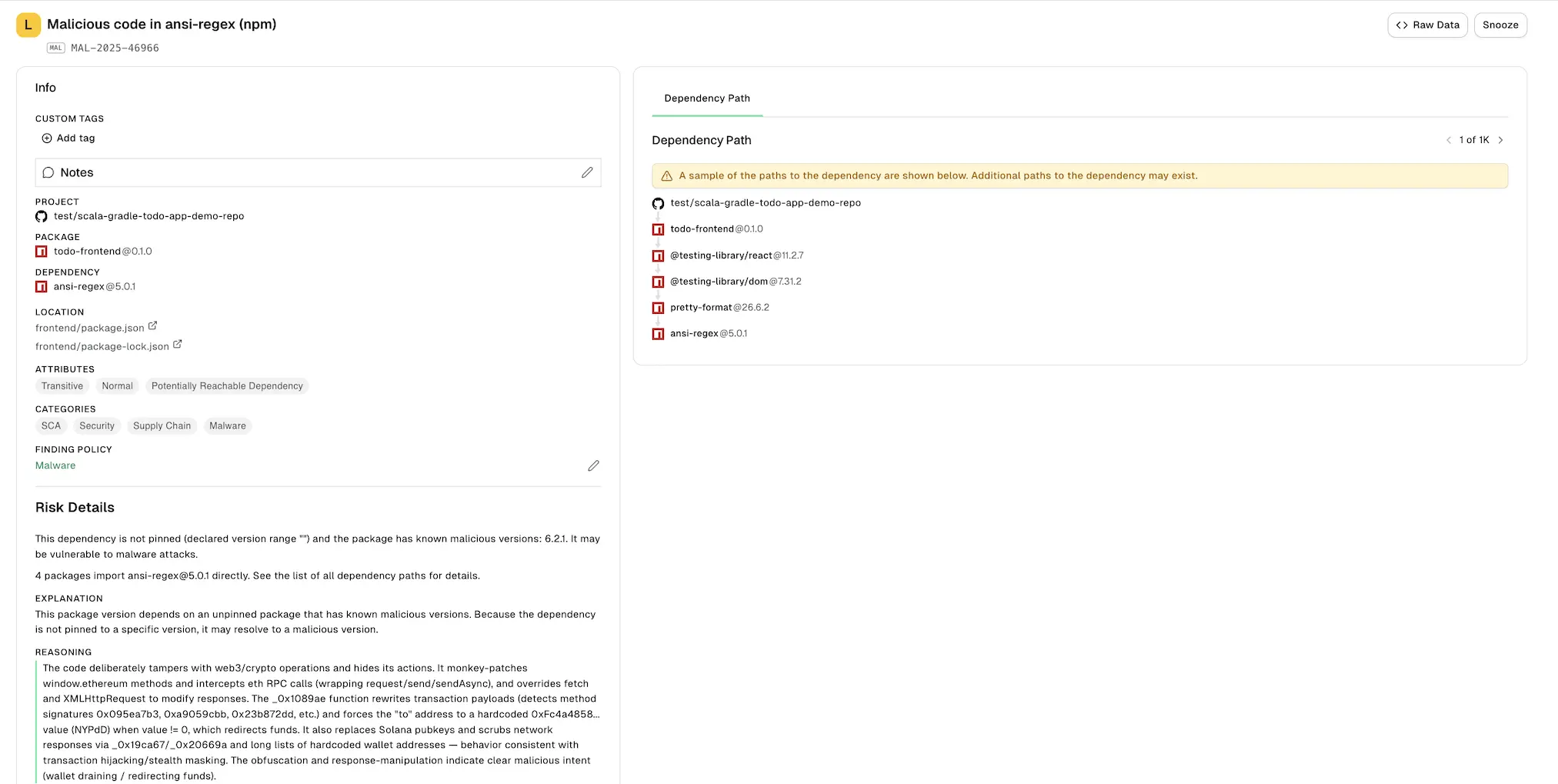 Malware findings view details
