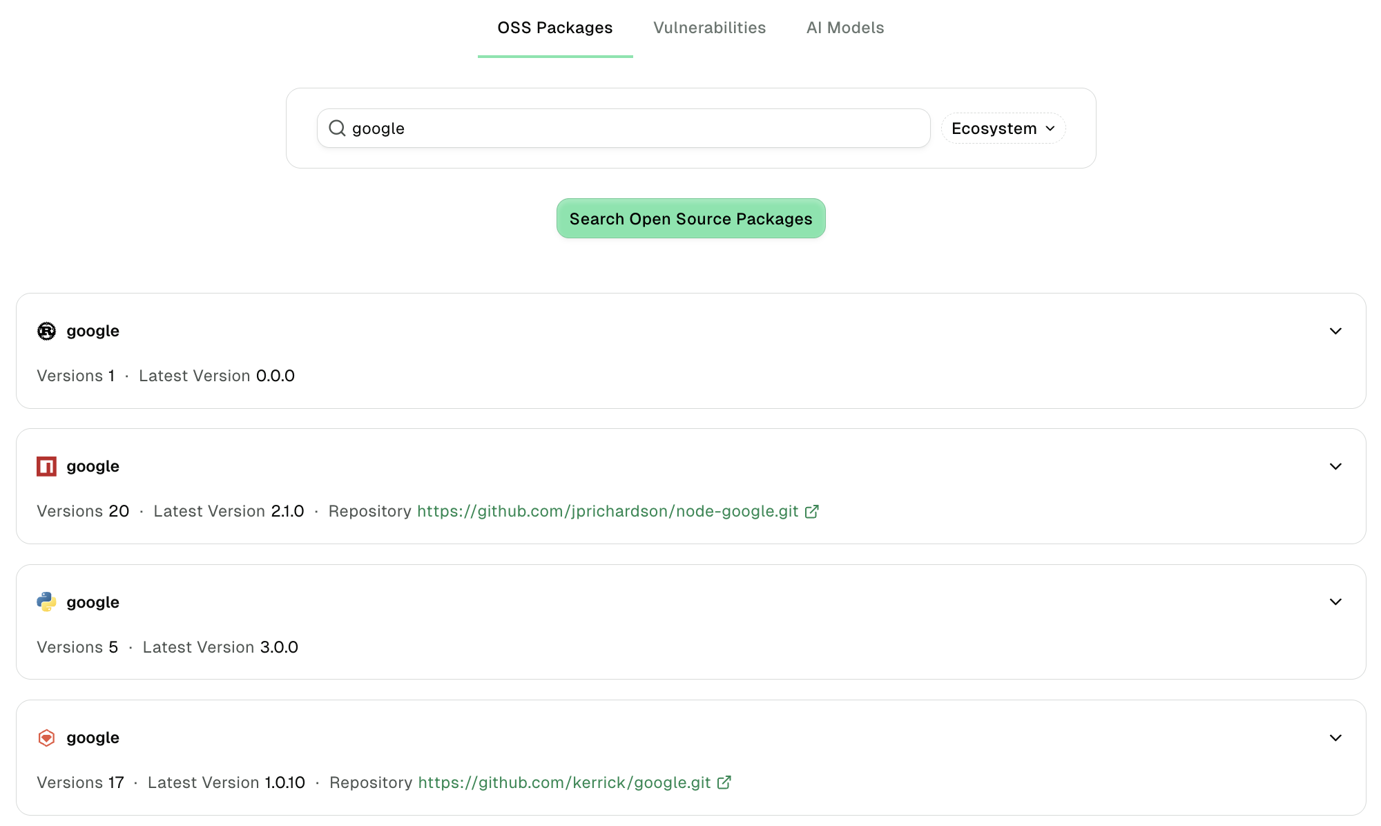 Open source packages search and list