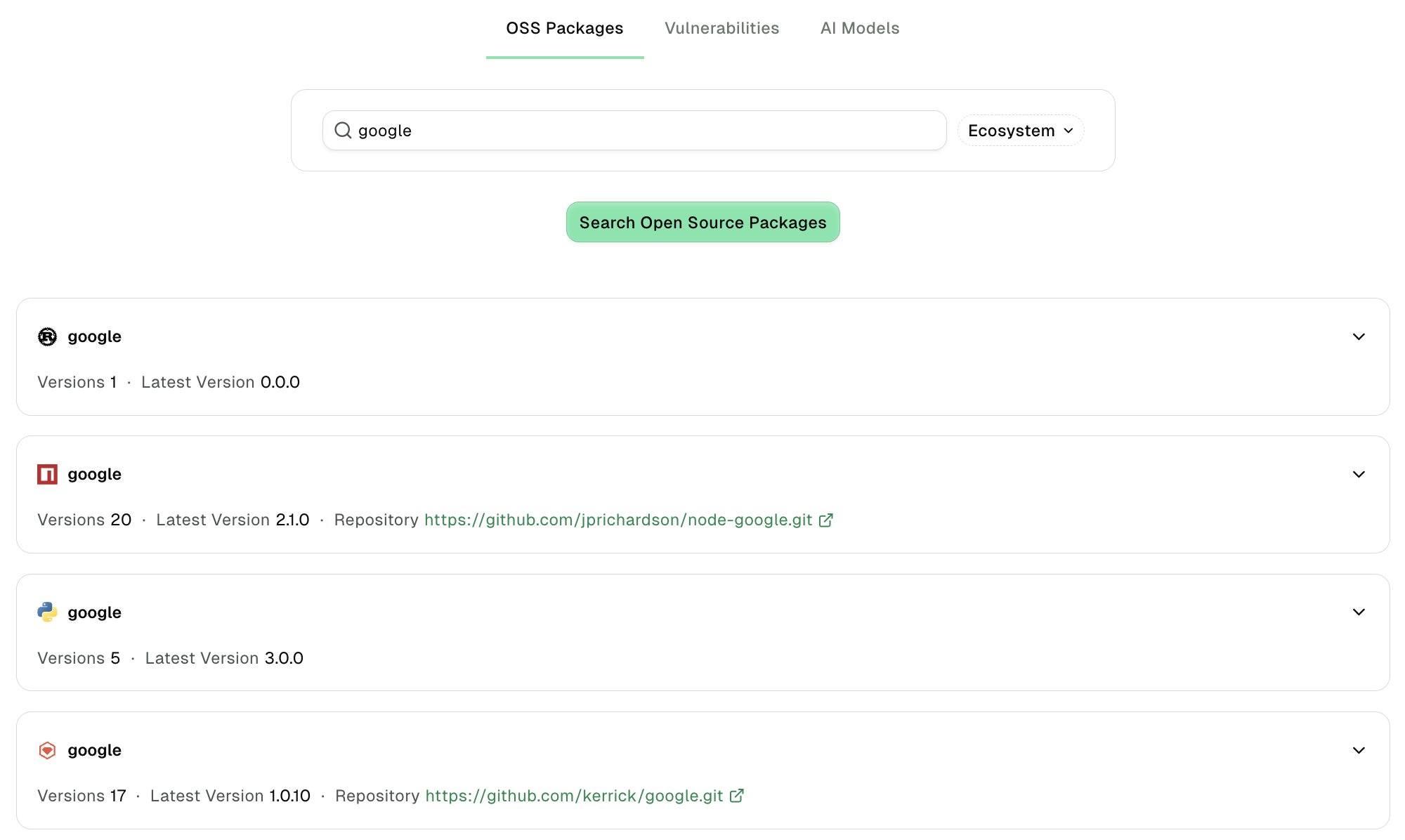 Open source packages search and list