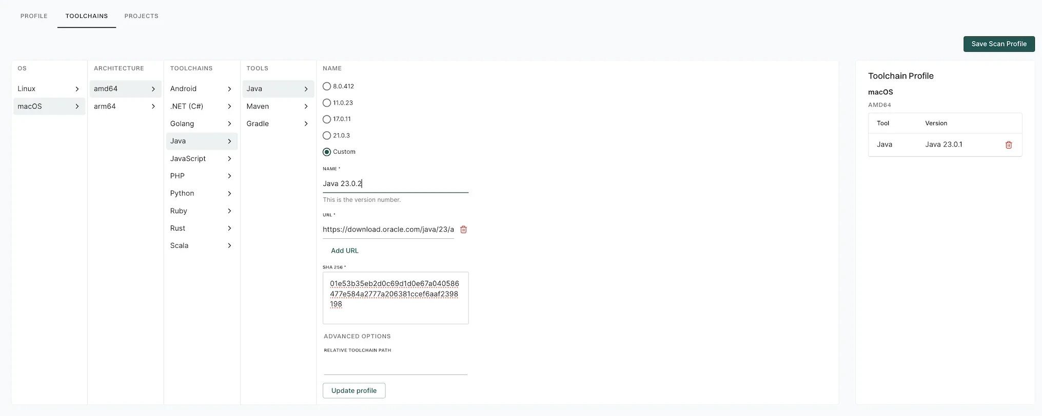 Custom toolchain version for Java which is not provided by Endor Labs