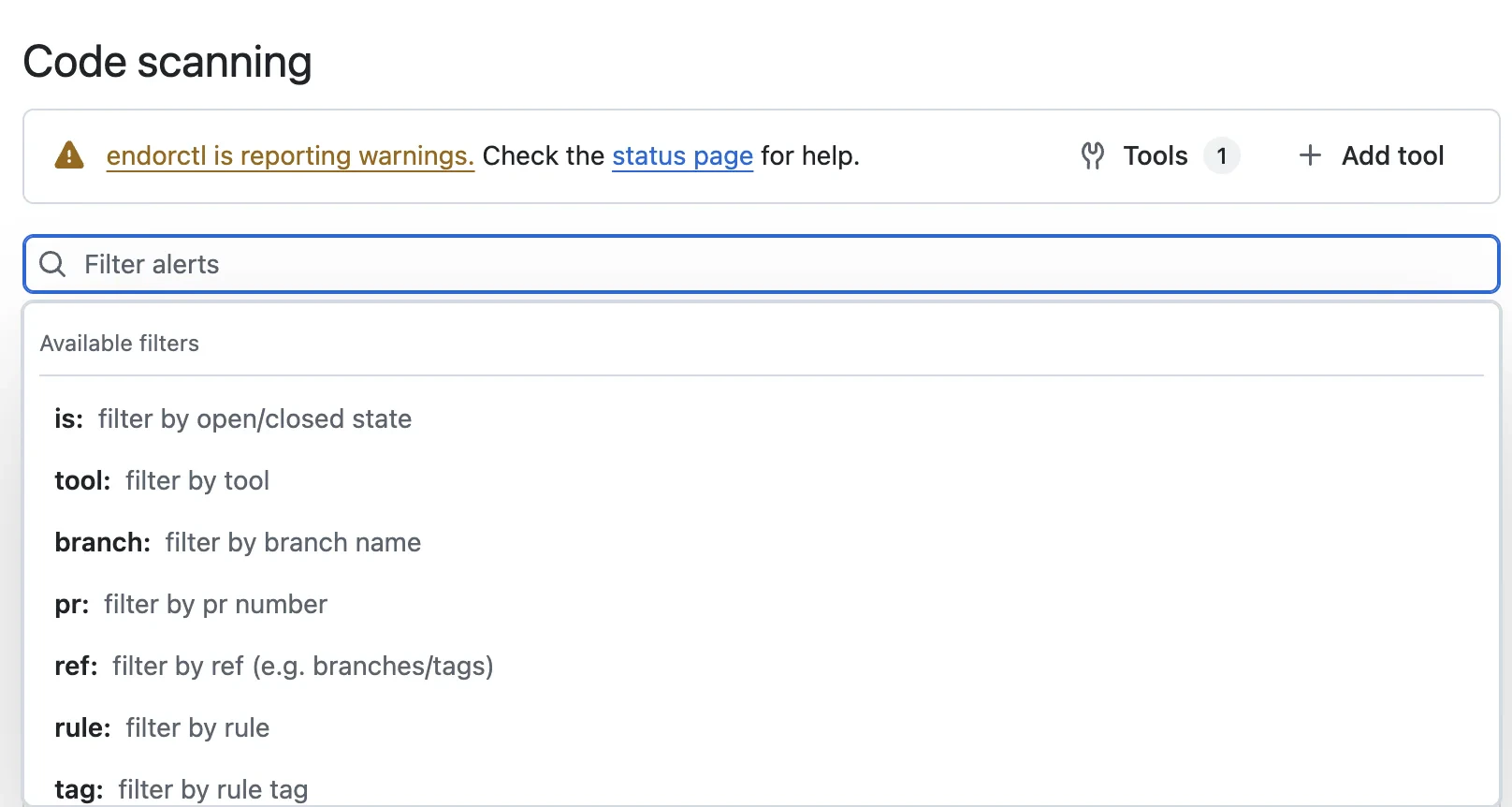 Filter findings in GitHub