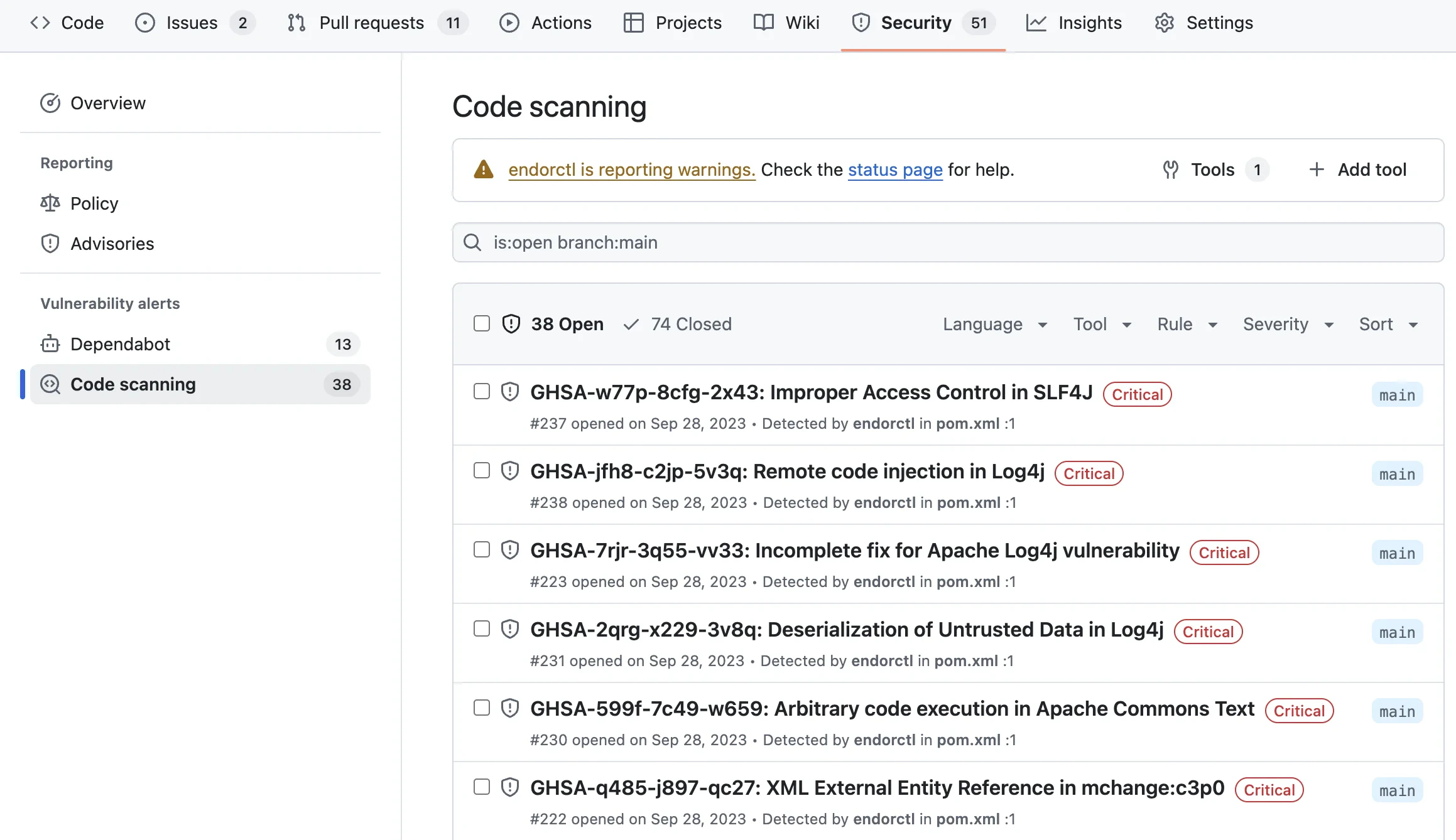 View findings in GitHub