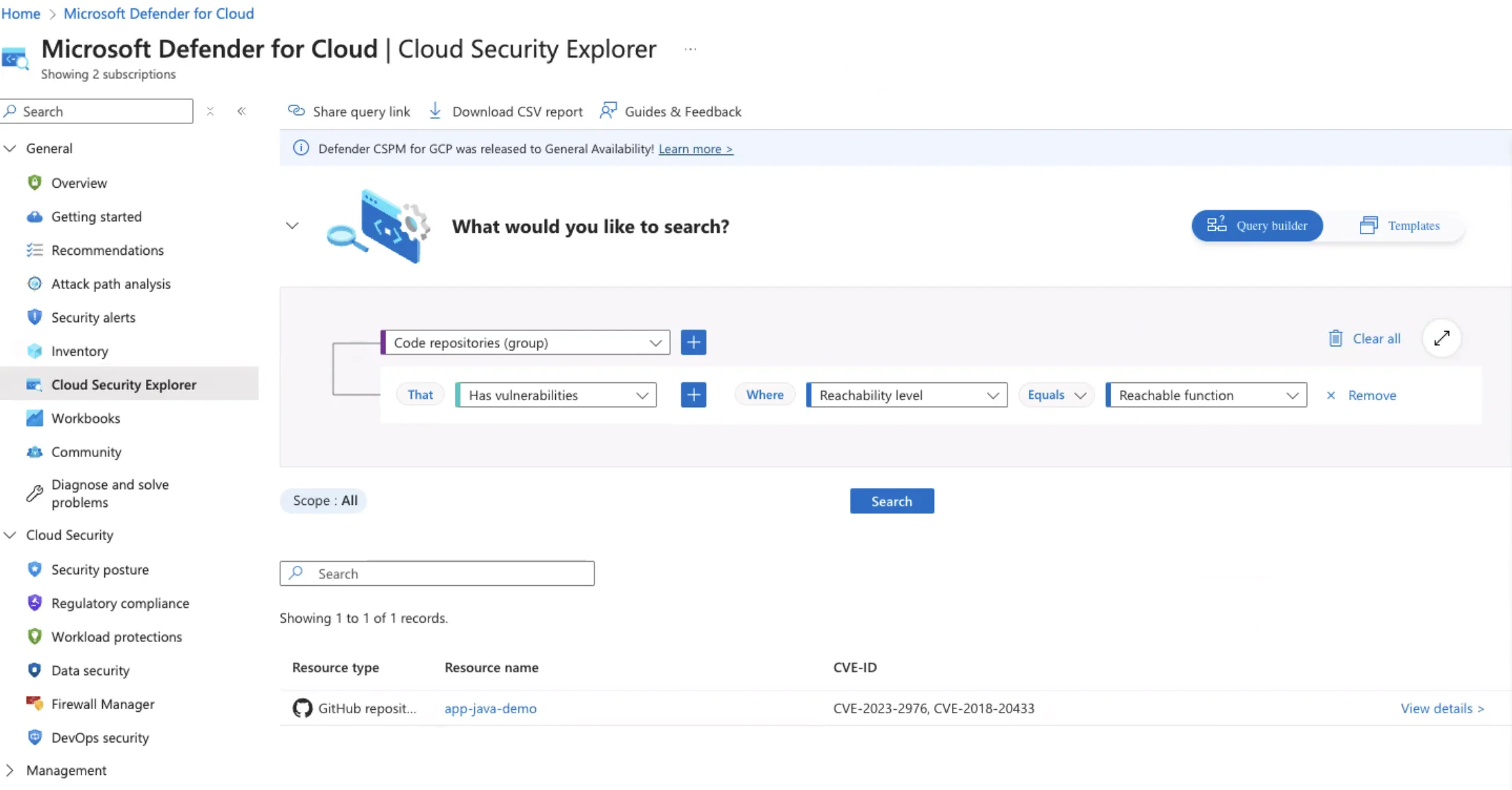 Defender for Cloud Search Results
