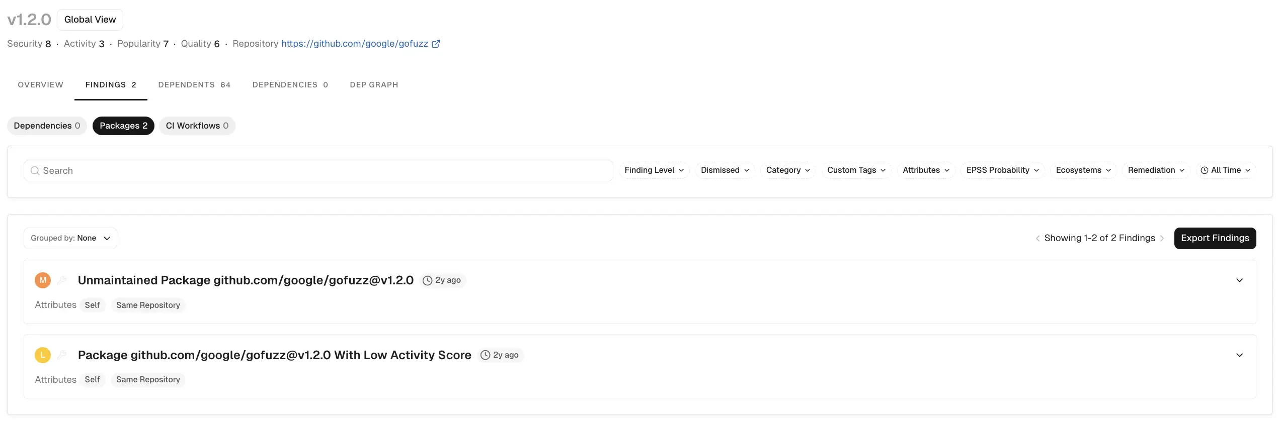 Full dependency version detail view
