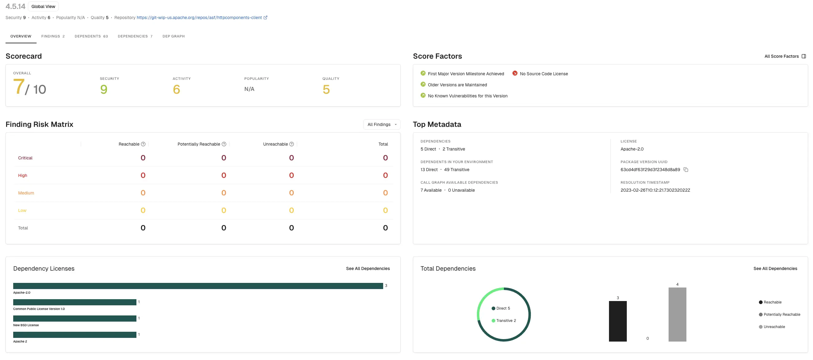 Overview tab with dependency version metadata