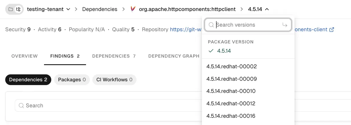 Version selector dropdown in the detail view