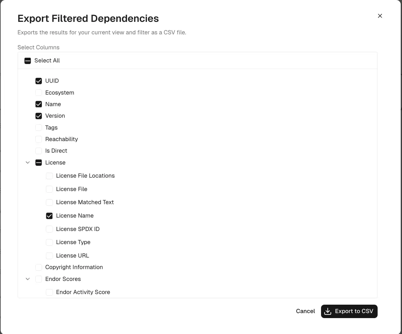 Export dependencies column picker