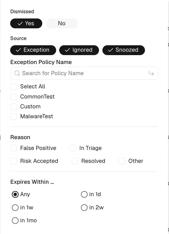Dismissed finding filters