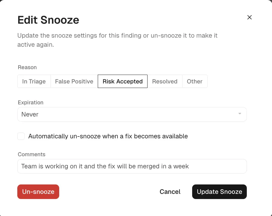 Edit or un-snooze finding