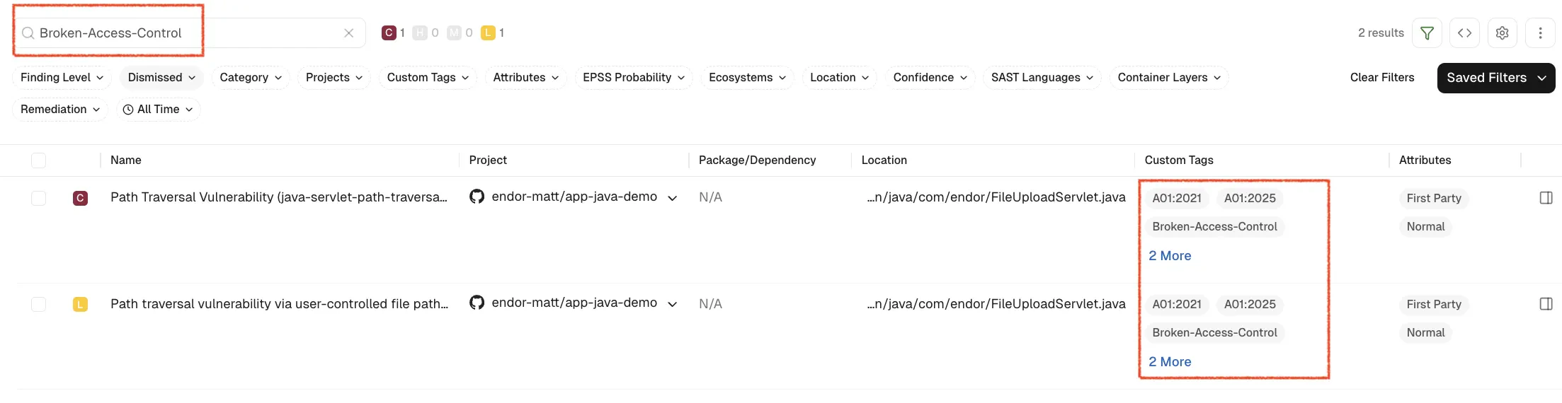 Search findings tags on UI