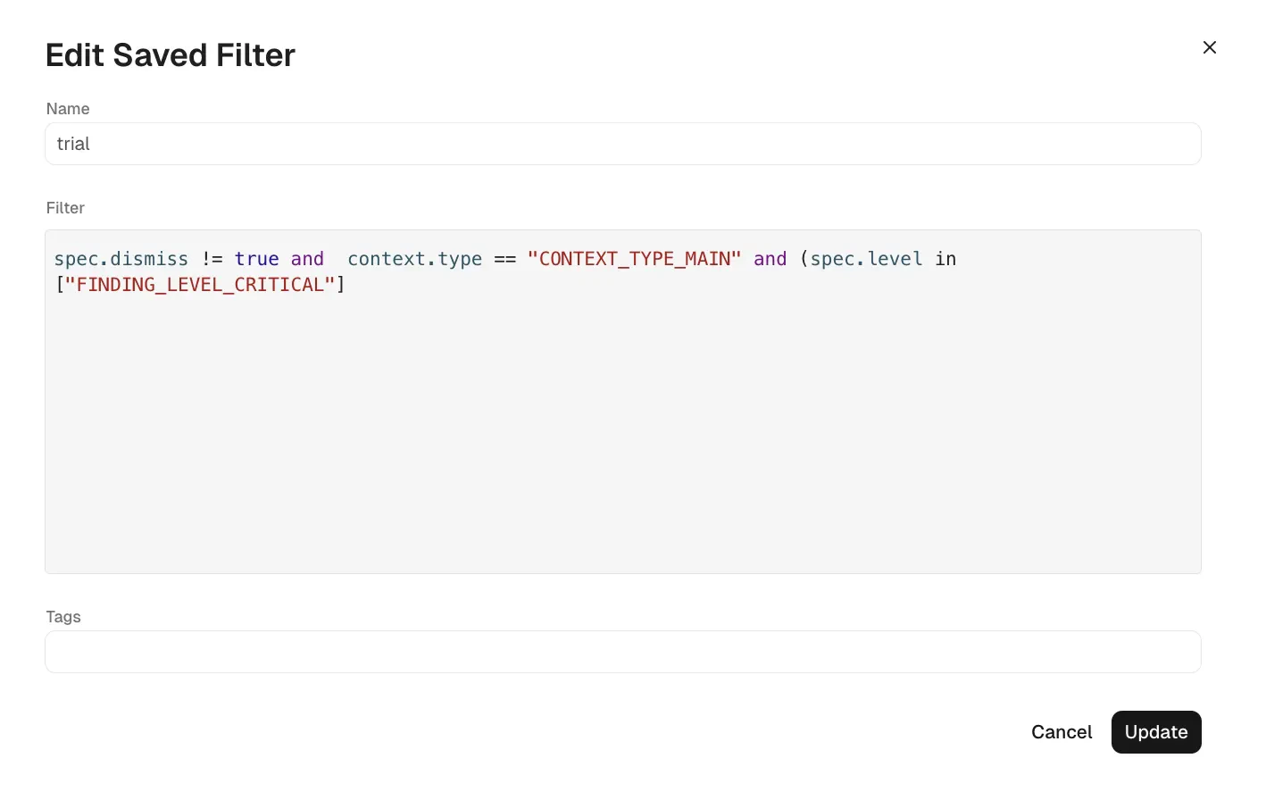 Update saved filter
