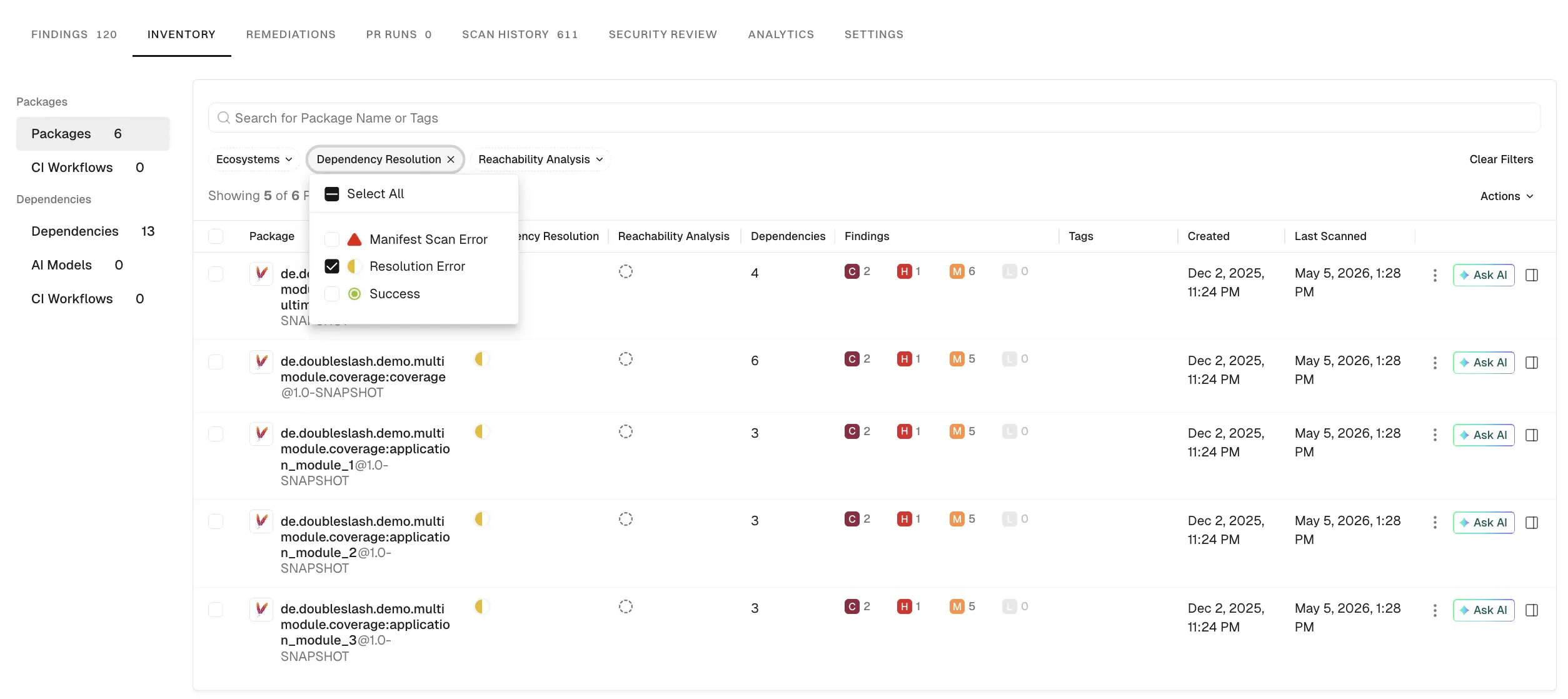 Filter packages by ecosystem and status