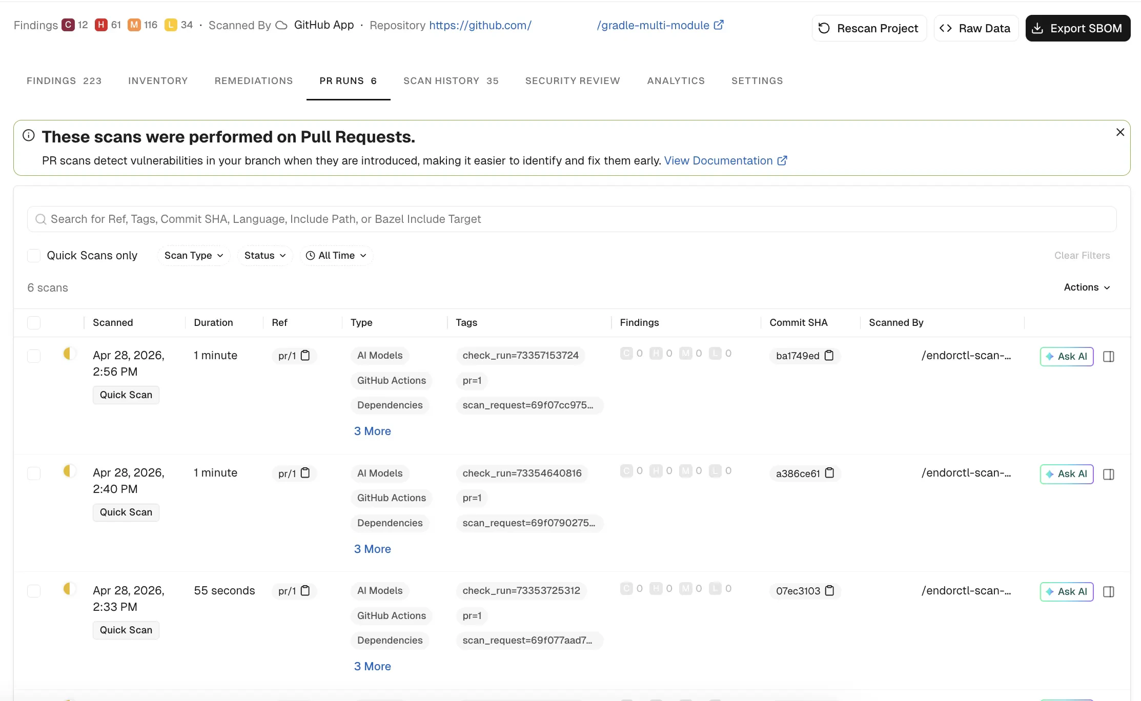 Pull request scans history