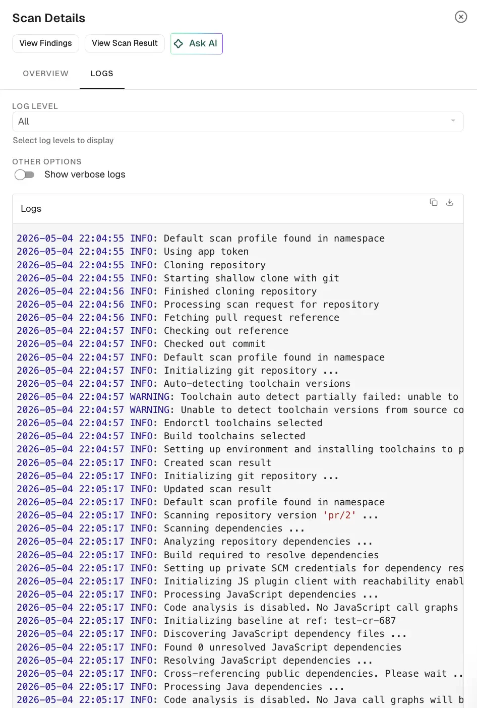 Pull request scans history logs