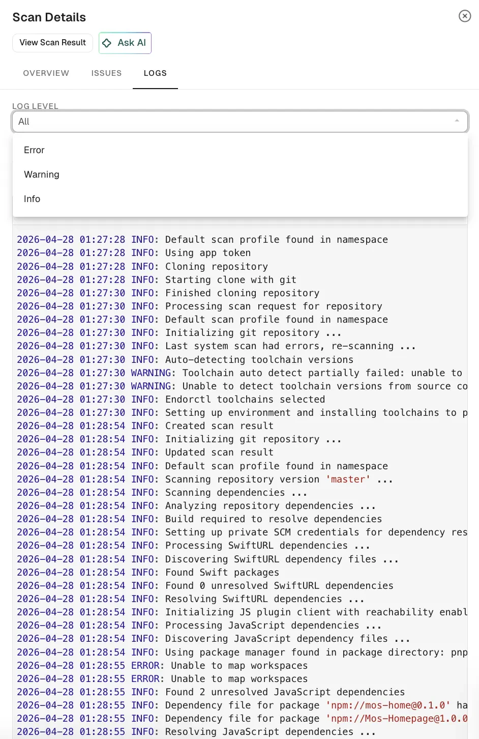 Scan history logs