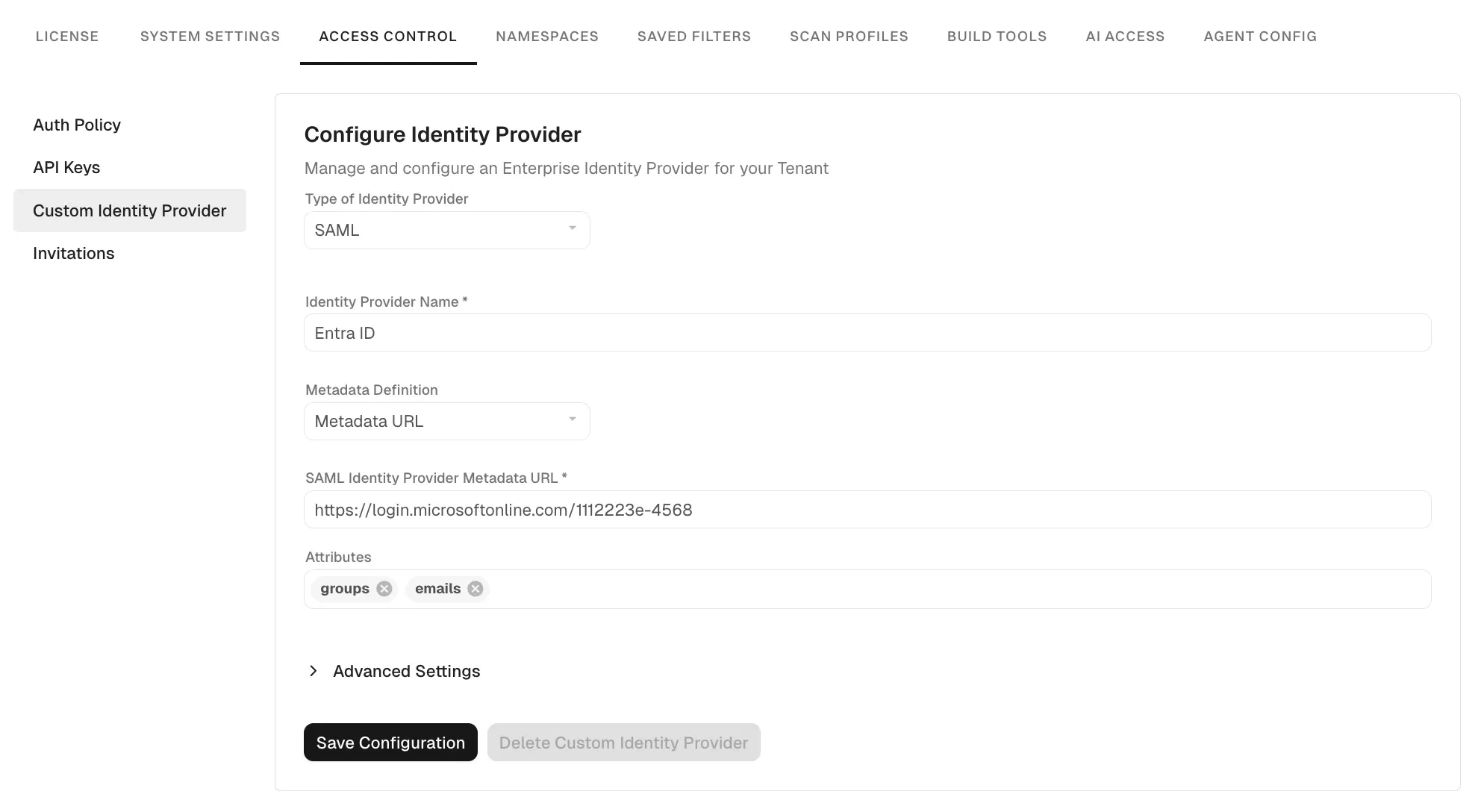 Custom Identity Provider configuration in Endor Labs