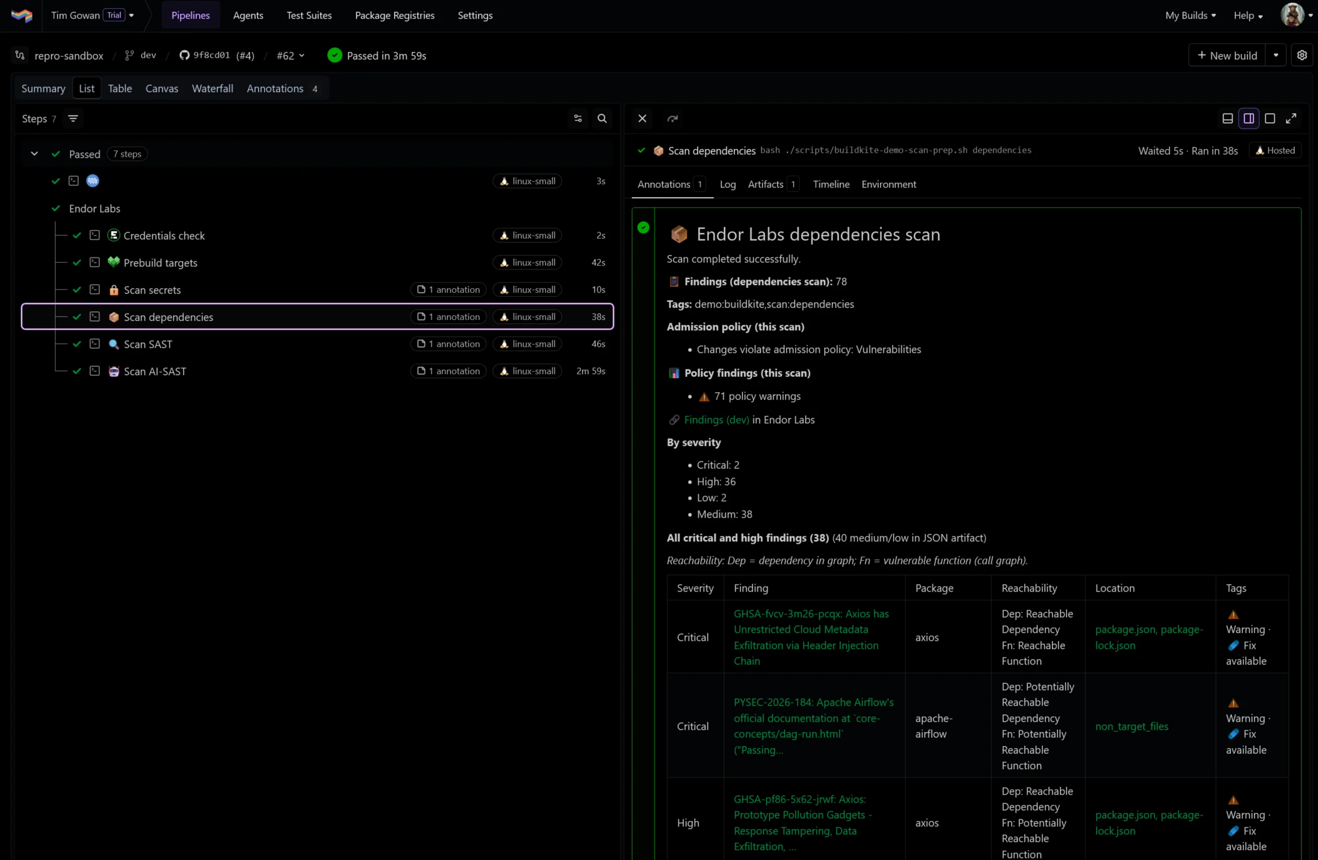 Buildkite build with parallel Endor Labs scan steps and a job-scoped dependencies scan annotation showing severity counts, admission policy status, and a findings table