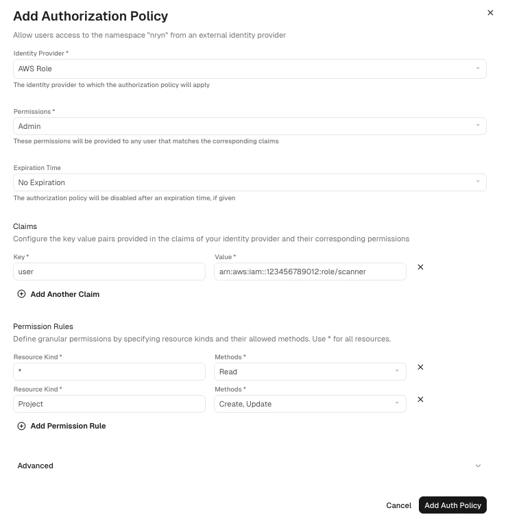 Permission rules in an authorization policy