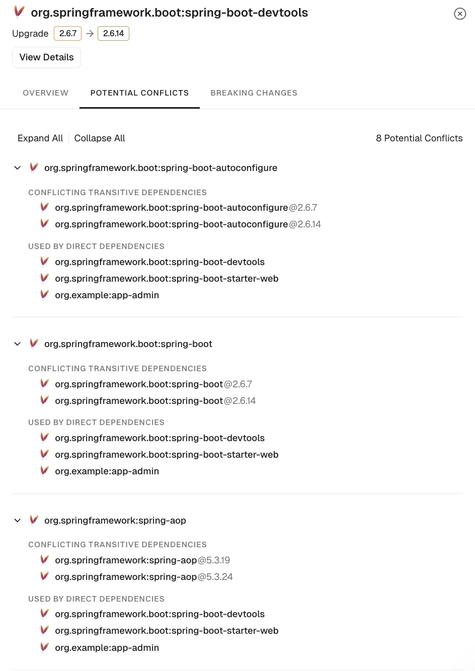 View upgrade's potential conflicts