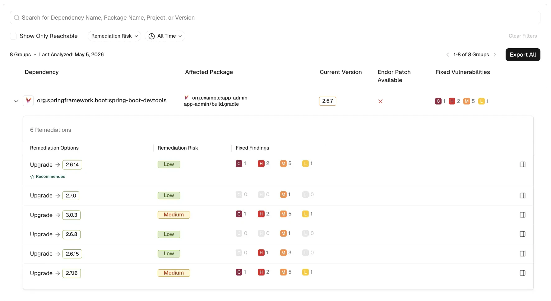 View remediations and dependency upgrade recommendations