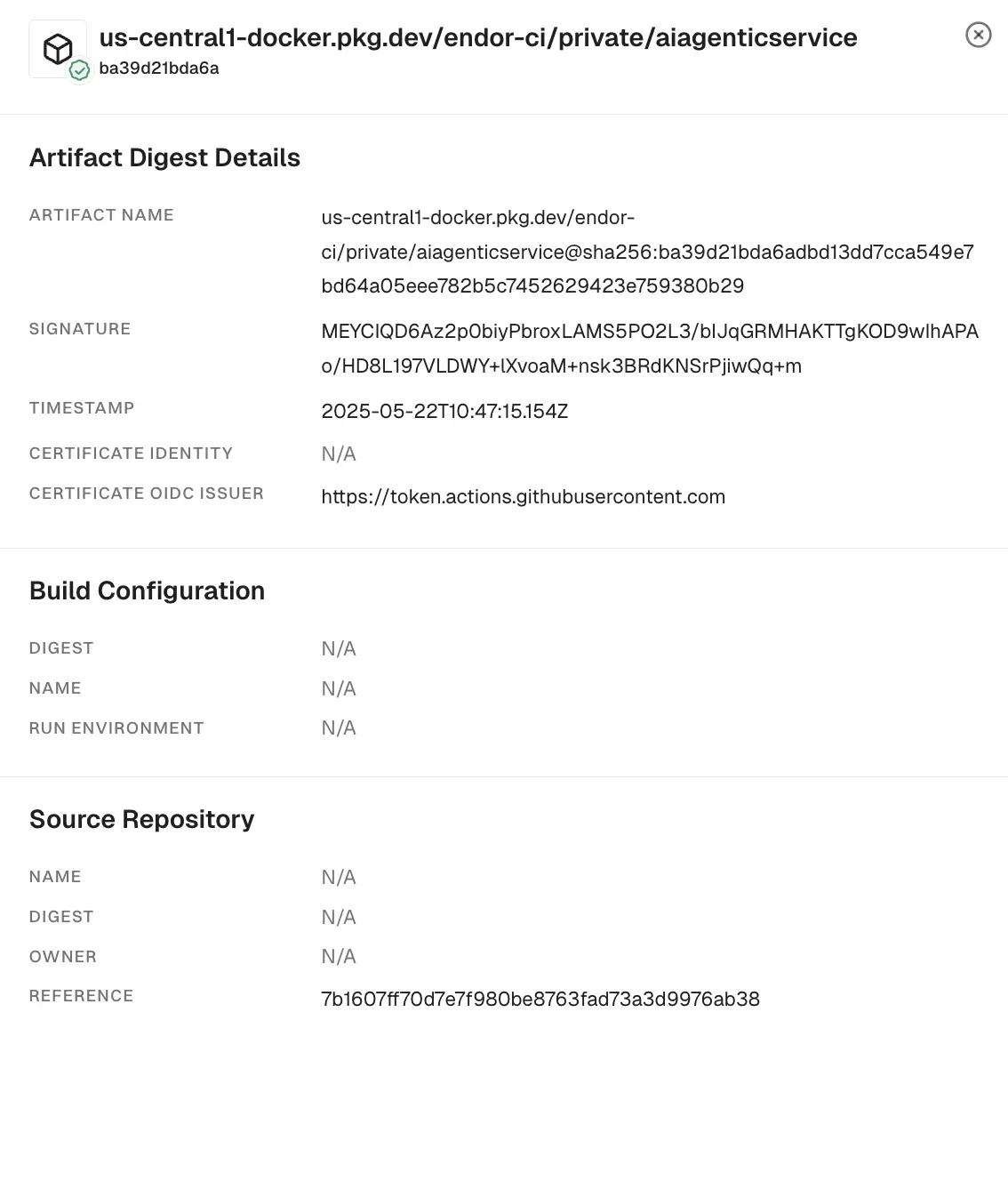 Artifact digest details with signature and provenance