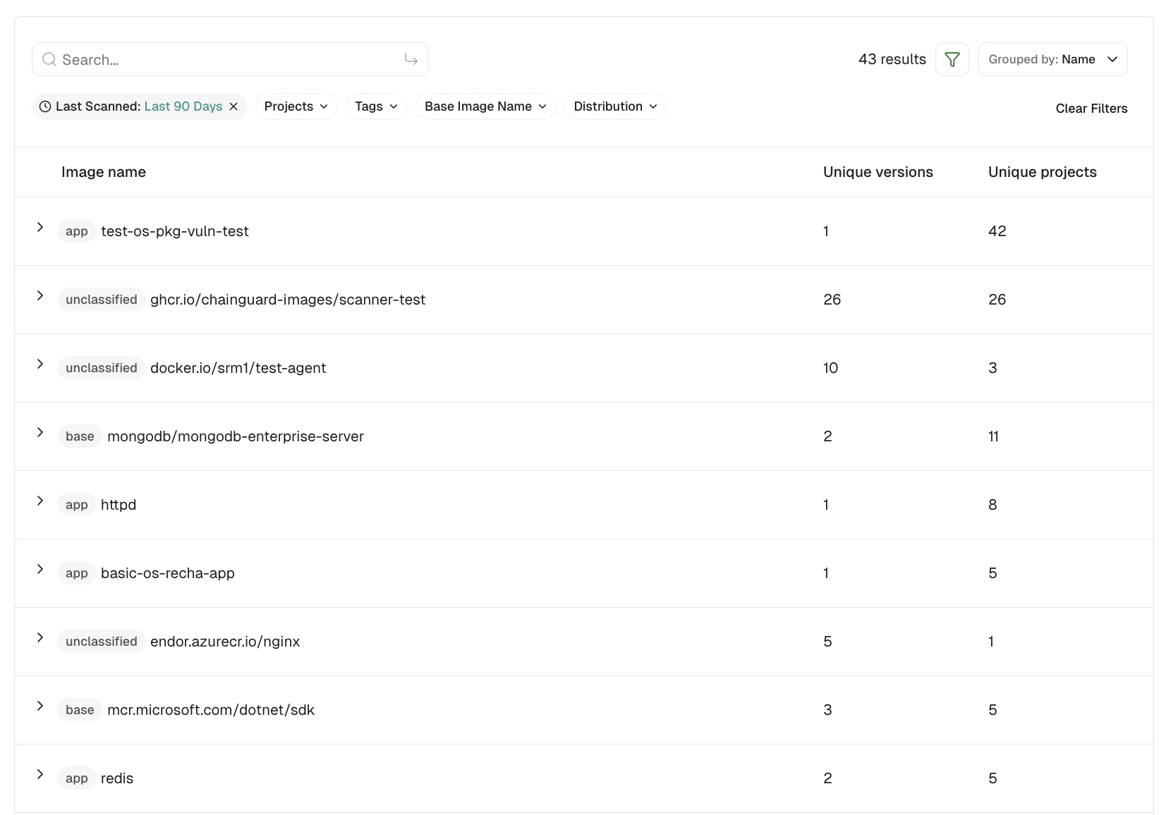 Container inventory on the CONTAINERS tab