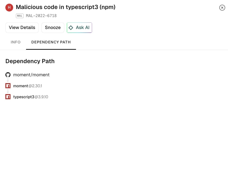 Malware finding dependency path tab