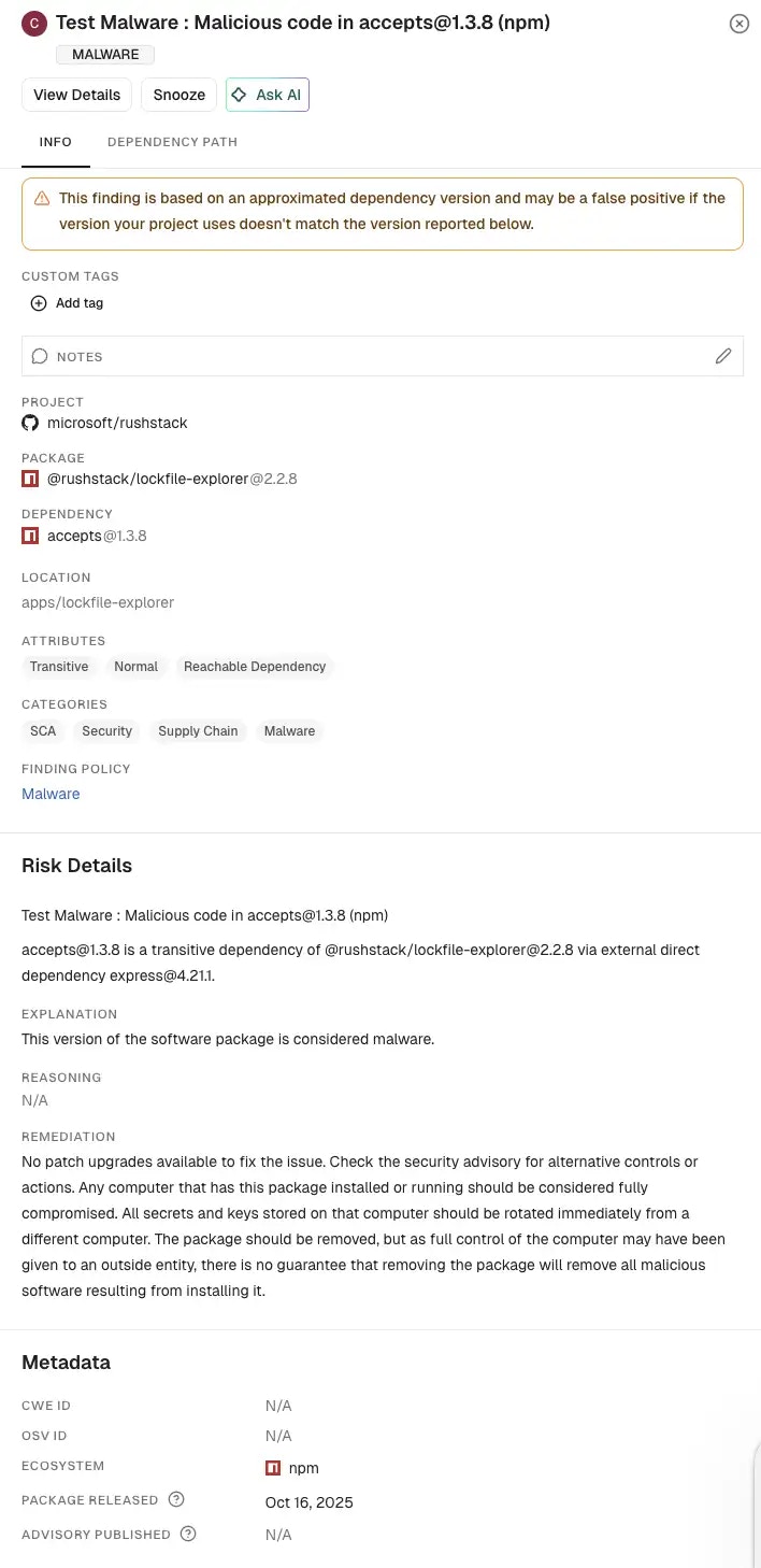 Malware findings side panel