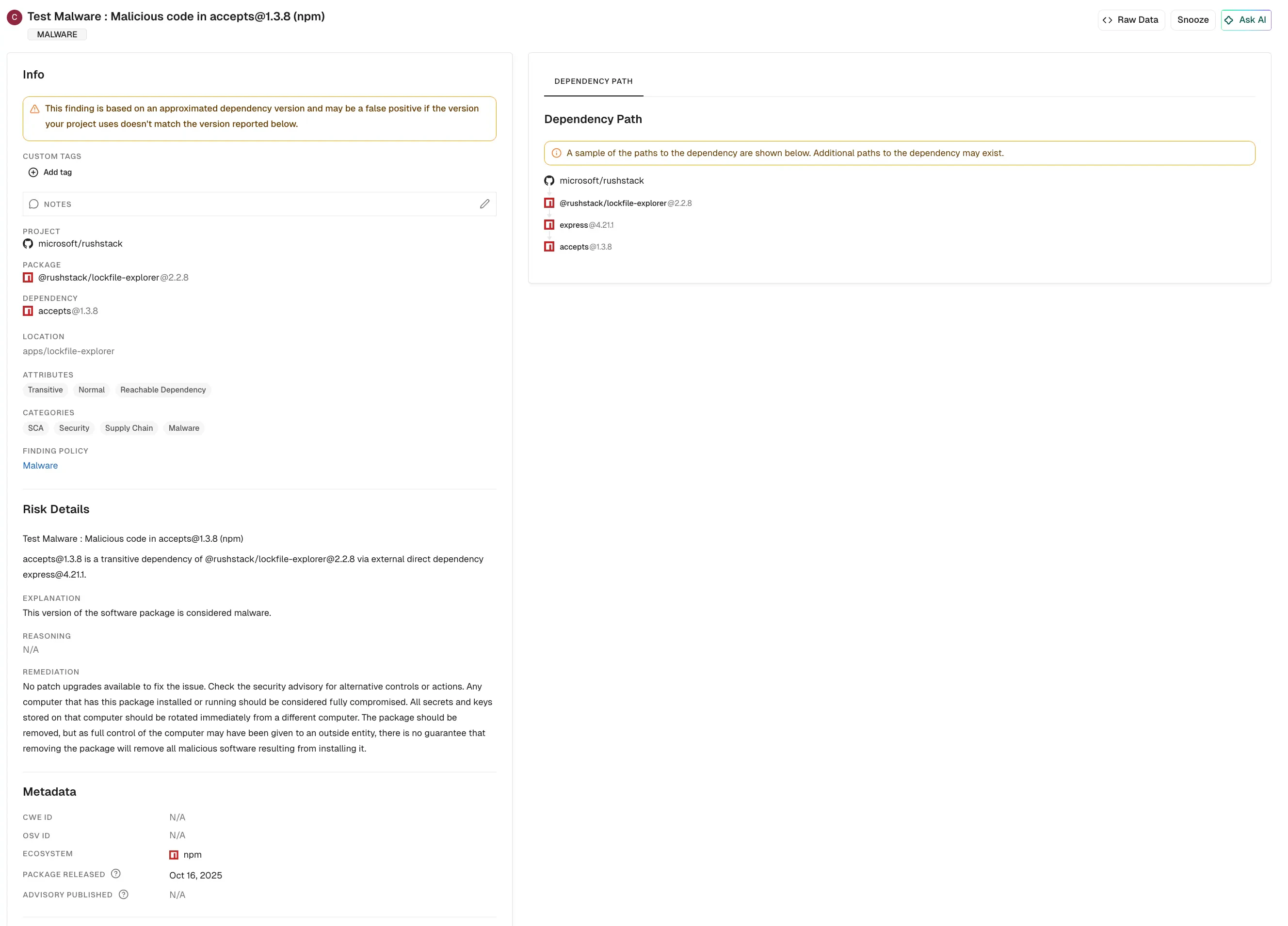 Malware findings view details