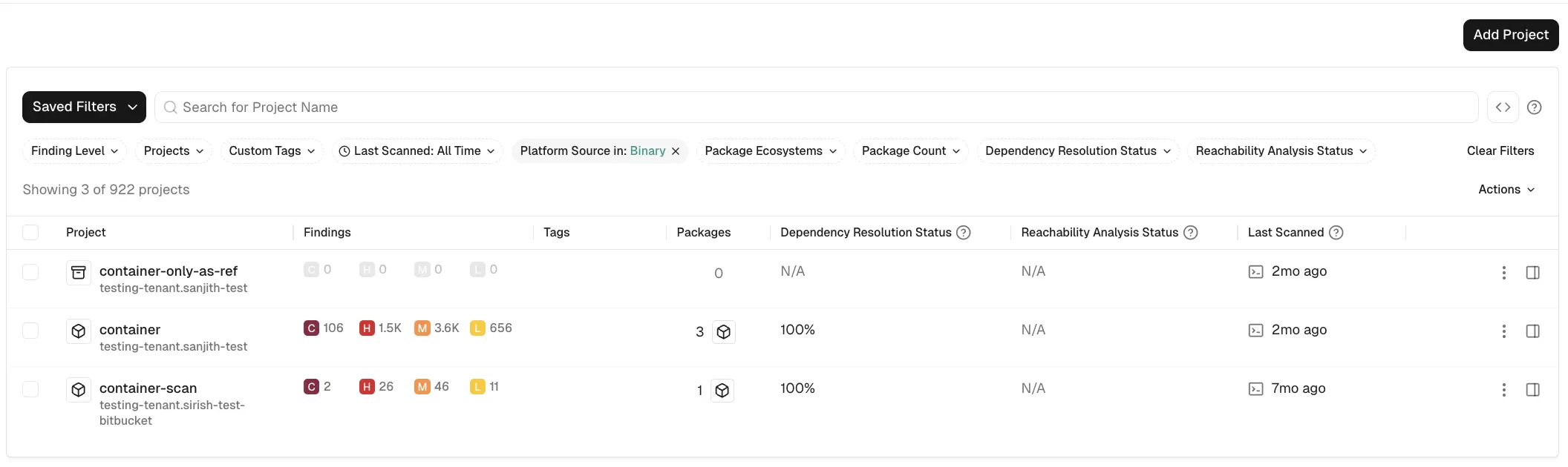 Projects search results for package scans with Platform Source binary filter