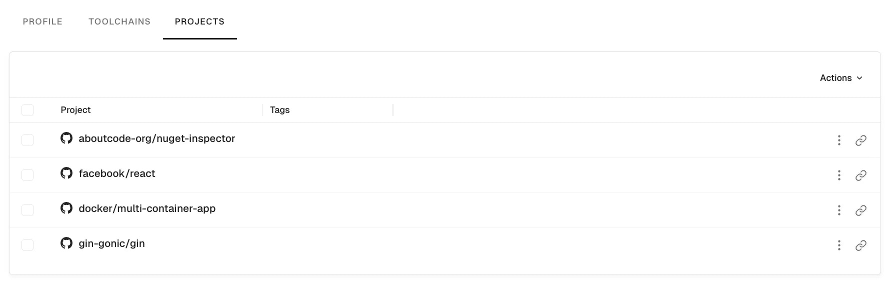 Scan profile Projects tab with Actions and Add Projects